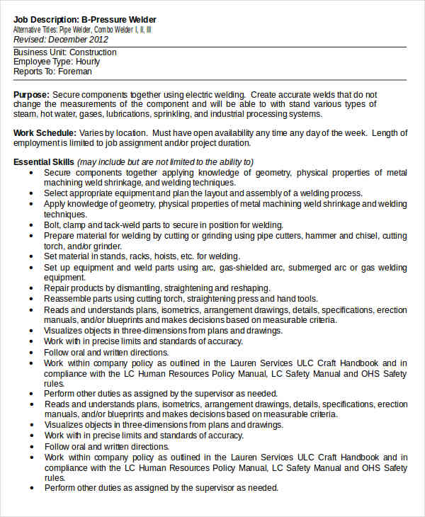 b pressure welder job description template