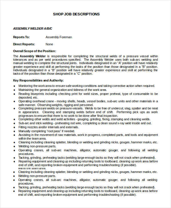 Welder Job Description 10+ Free Word, PDF Documents Download