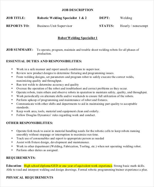 Welder Job Description 10+ Free Word, PDF Documents Download