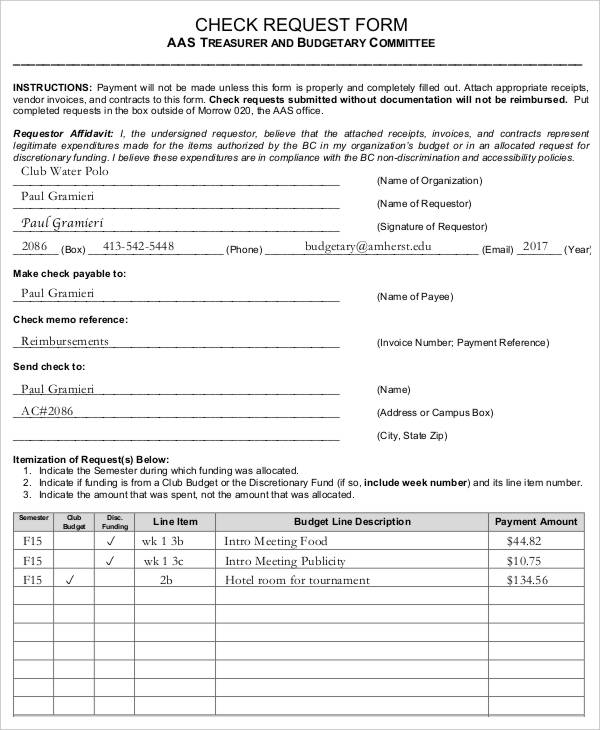 example of filled out check request form