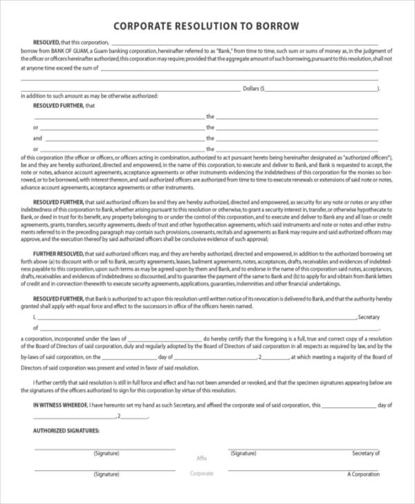 corporate banking resolution form