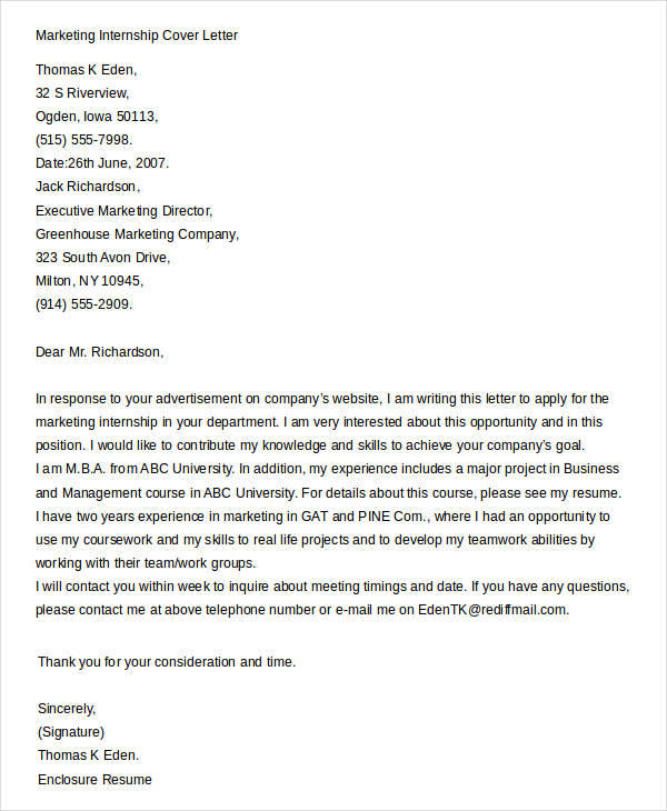 cover letter for marketing internship