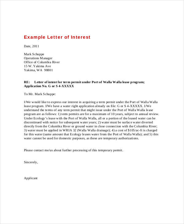 Letter Of Interest 12 Free Sample Example Format