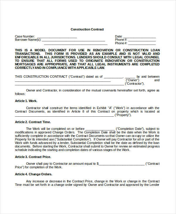 Free Printable Construction Contract Template