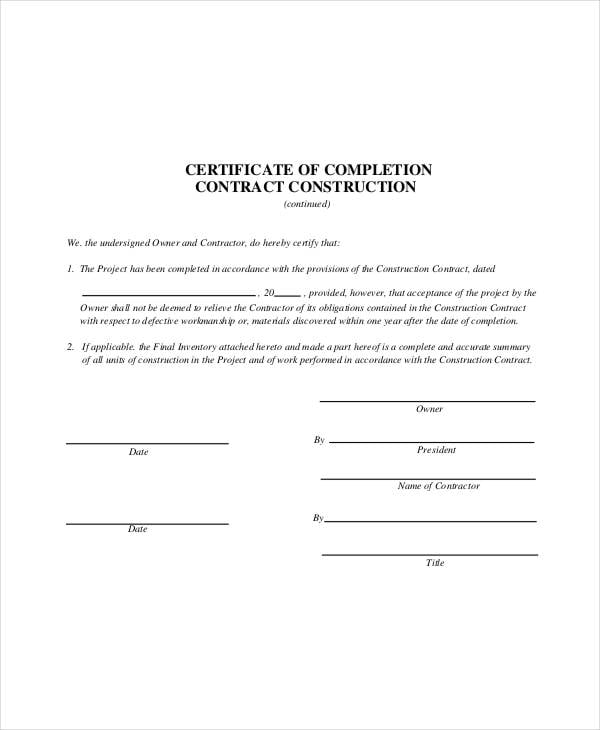 construction contract certificate template
