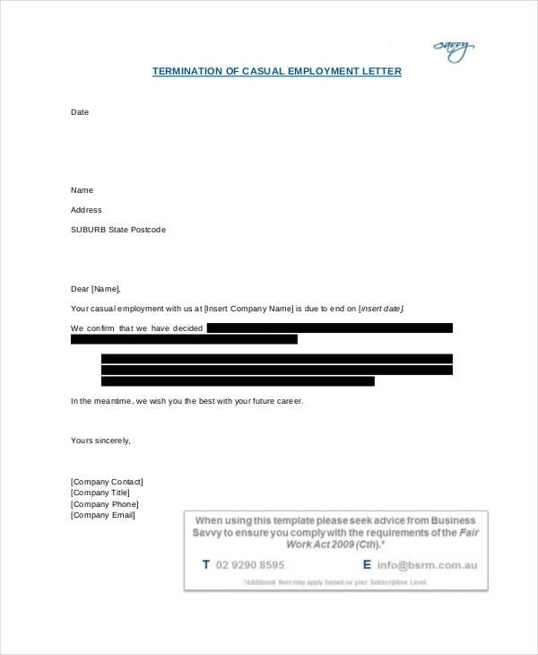 termination letter for casual employee