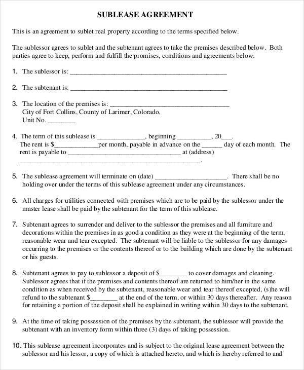 general sublease agreement template