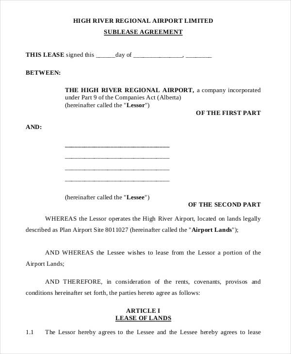 airport sublease agreement template