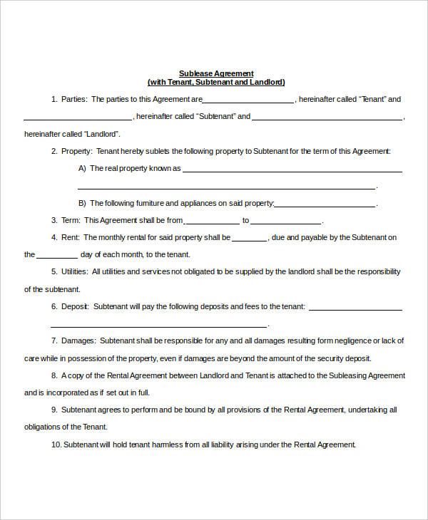 tenant sublease agreement template
