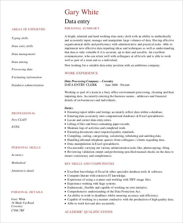data entry jobs resume