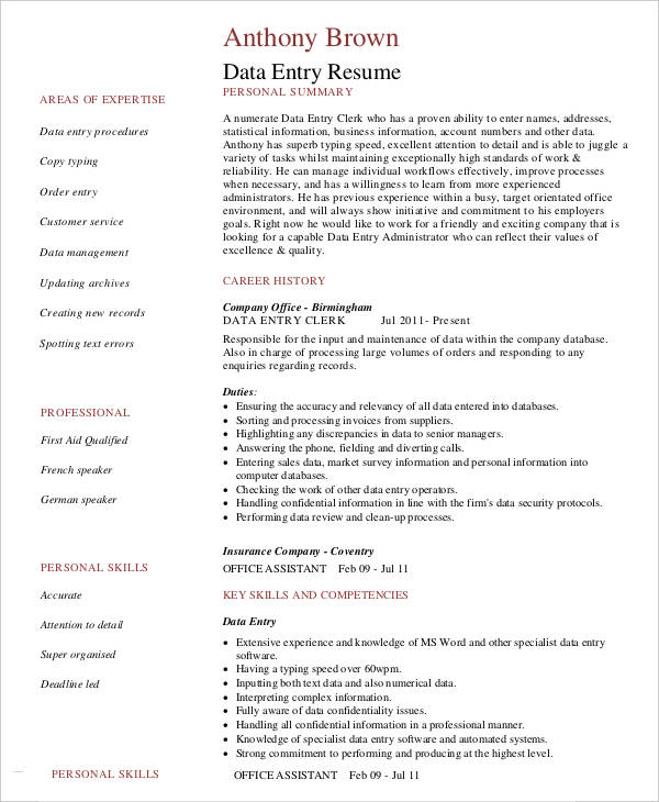 sample resume for data entry operator