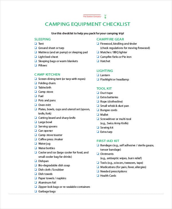 camping equipment checklist