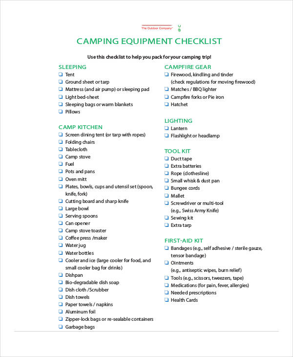 11+ Simple Camping Checklists - PDF, Word