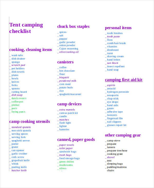 11+ Simple Camping Checklists PDF, Word