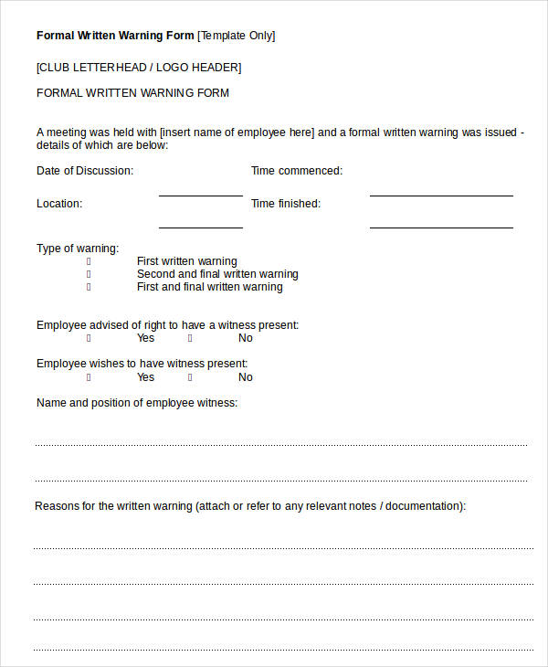 formal written warning form