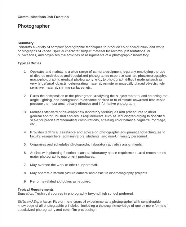 10+ Photographer Job Description Templates PDF, DOC
