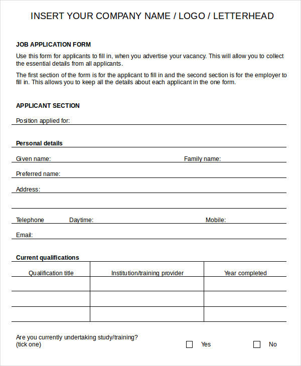 Free Printable Blank Employment Applications