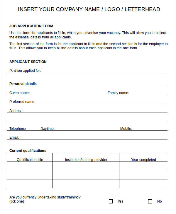 Blank Job Application 11 Word PDF Documents Download