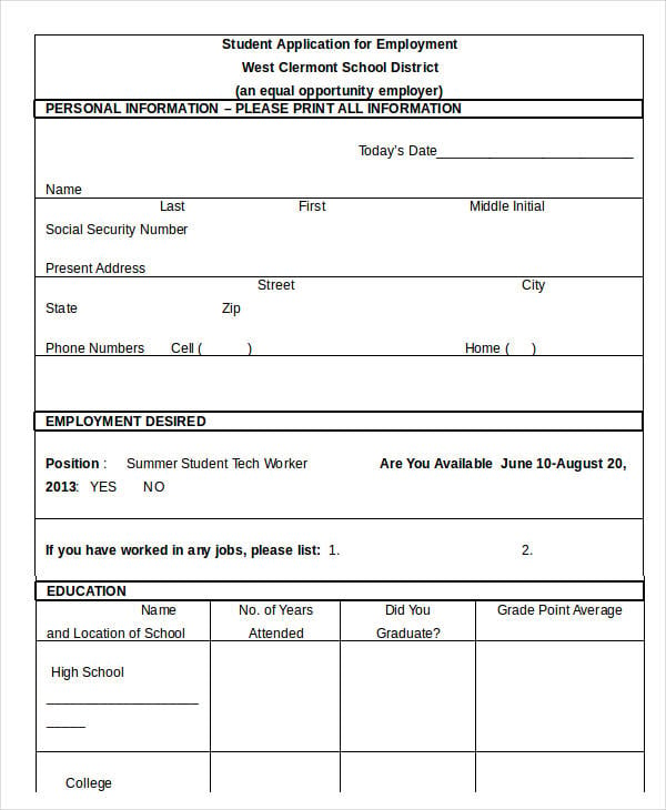 Blank Job Application For Students
