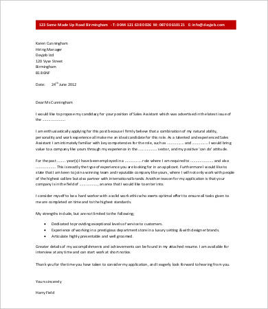 sales assistant cover letter example
