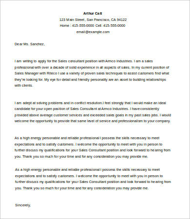 Sales Cover Letter 9 Free Word PDF Documents Download   Sales Consultant Cover Letter 