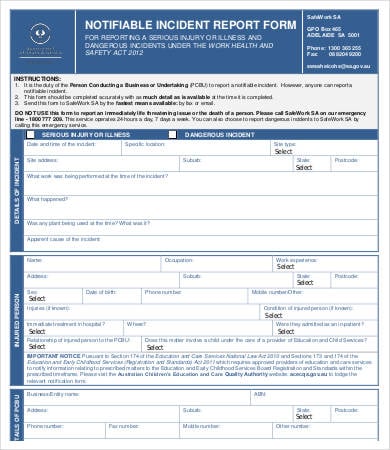 Notifiable Incident Report Form