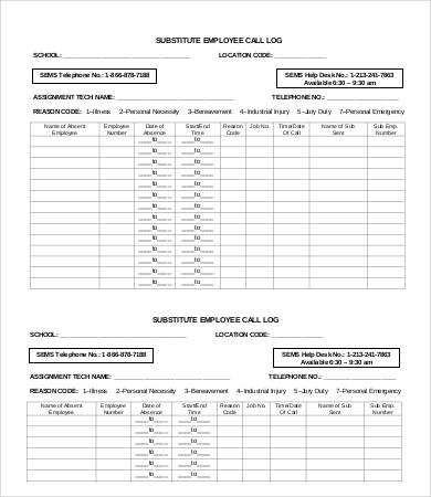 substitute employee call log template in pdf
