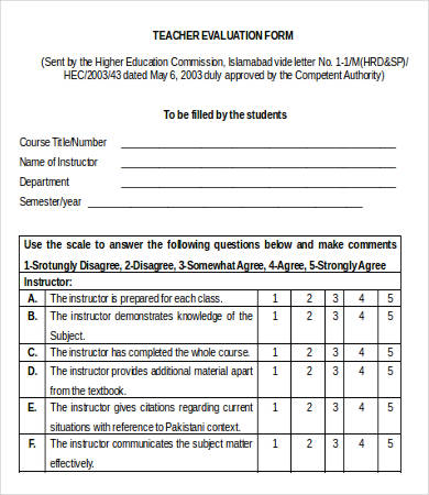 printable teacher evaluation form