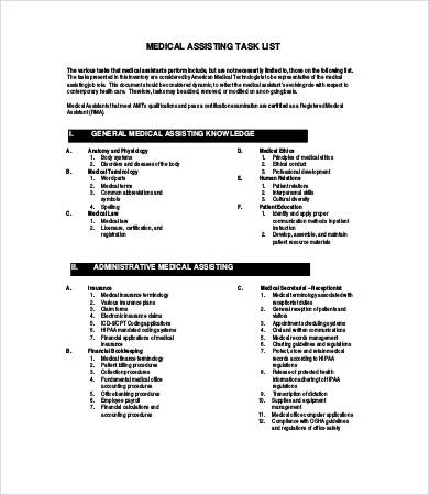 medical assistant task list template