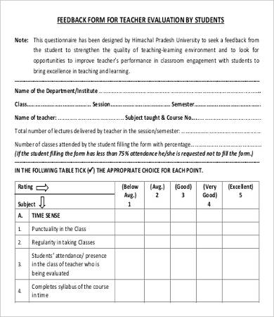 sample feedback form for teacher evaluation by students