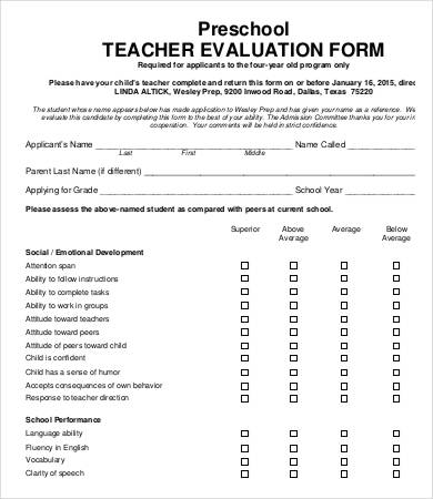 preschool teacher evaluation form in pdf