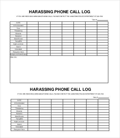 harassing phone call log template in pdf