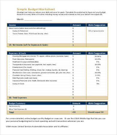 example simple budget worksheet for family