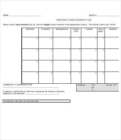 fitness workout log template