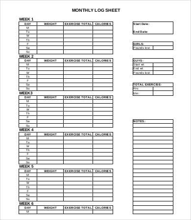monthly workout log template