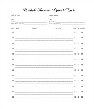 bridal shower guest list template
