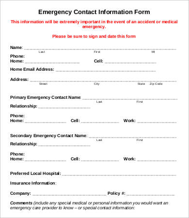 12 emergency contact forms pdf doc free premium