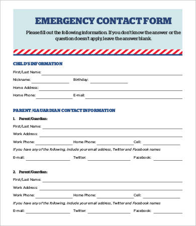 12 emergency contact forms pdf doc free premium