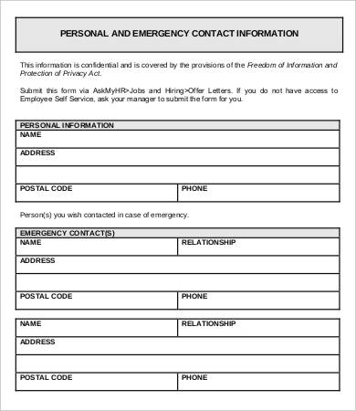 personal emergency contact form