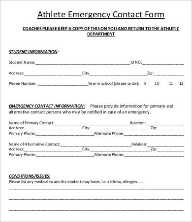 athlete emergency contact form