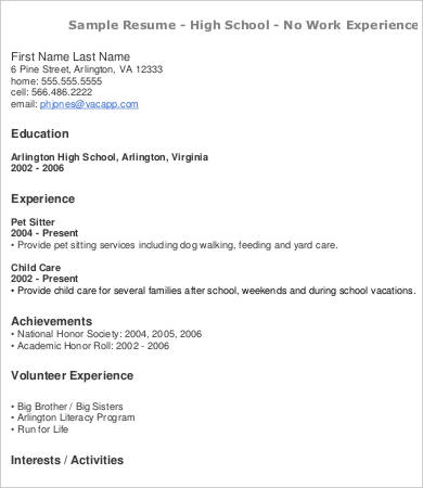 high school resume with no work experience