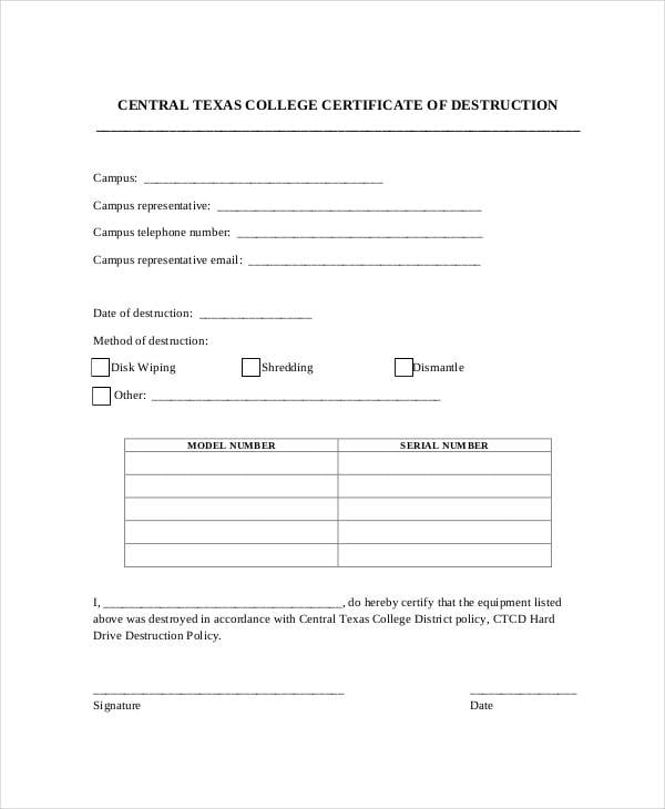 college certificate of destruction template