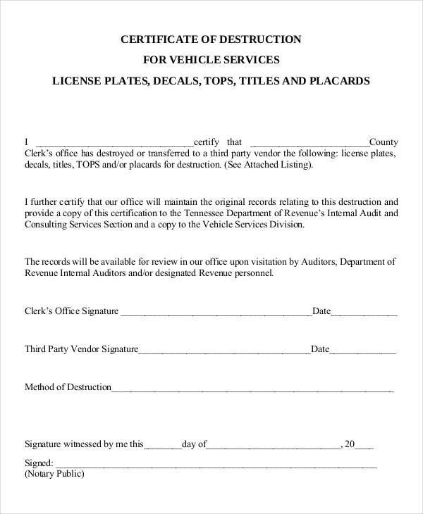 vehicle certificate of destruction