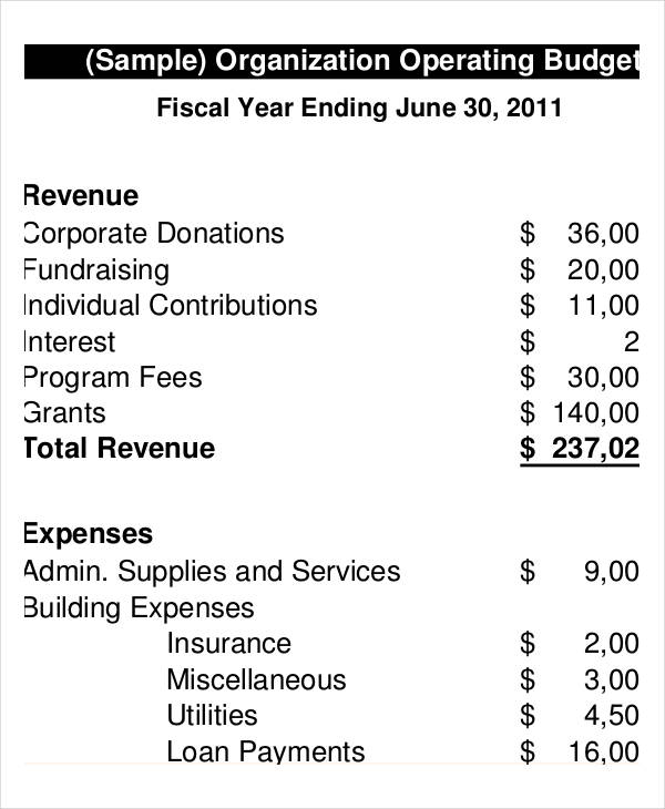 organization operating budget template