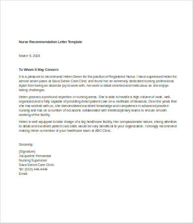 personal letter of recommendation for nurse