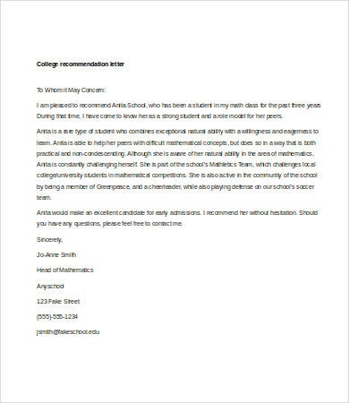 college letter of recommendation for student