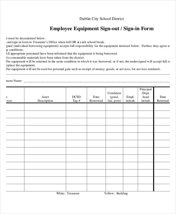 employee equipment sign in sheet template