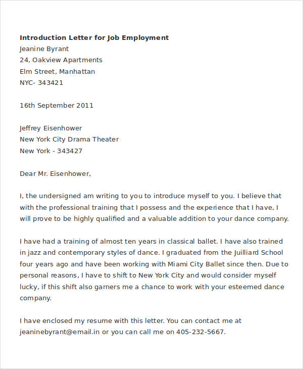 introduction cover letter for job application