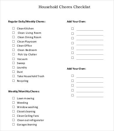 household chore checklist template