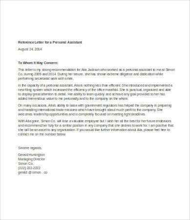 personal assistant reference letter template